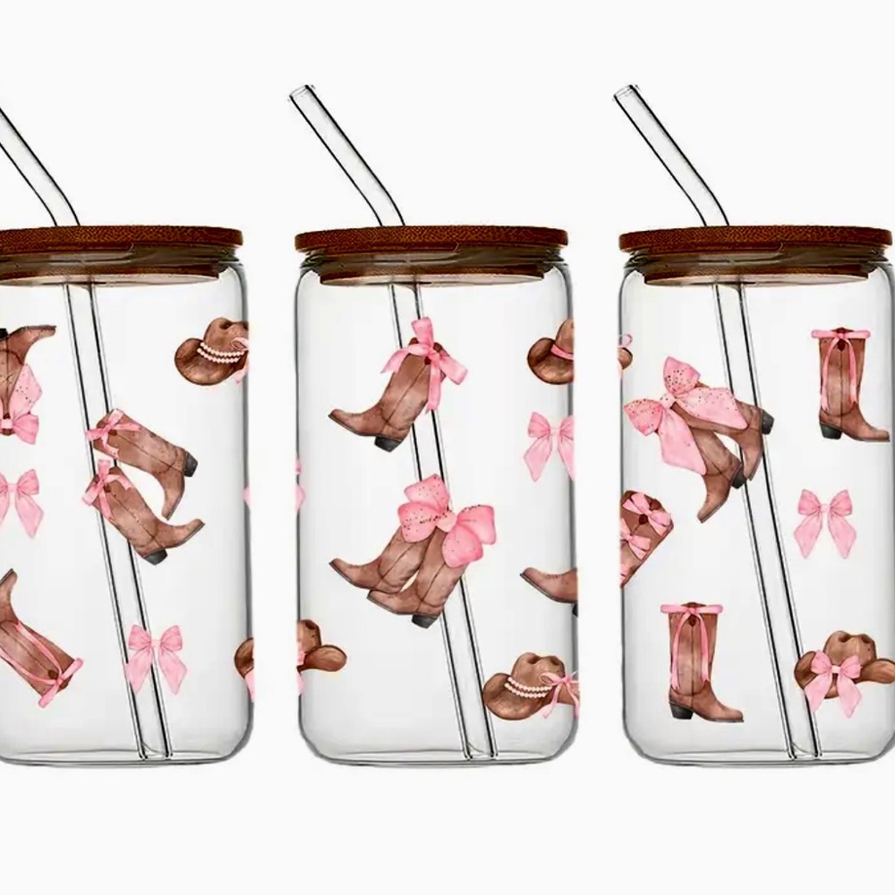 Cowgirl Boots and Bow themed Libbey cups. Glass Plastic, or Colored option.